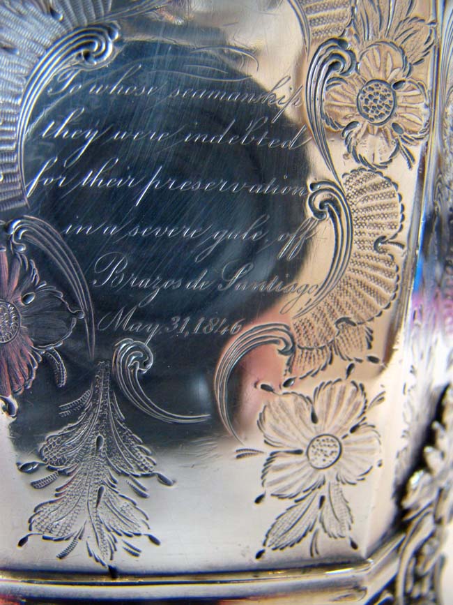 An important silver cup presented in 1846 to the Capt. of the Steamship ALABAMA by the Officers & Soldiers of the 5th Regiment Louisiana Volunteers who were returning home after fighting in the Mexican War.  — image 7